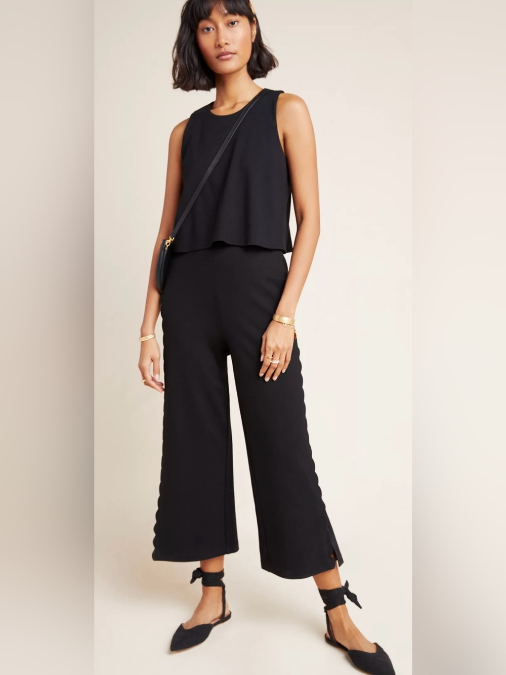 Anthropologie Black Wide-Leg Scallop-Trim Jumpsuit